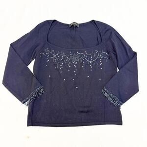 Escada Black Embellished Sequin Design 3/4 Sleeve Top Rayon/Cotton Size 38 MINT